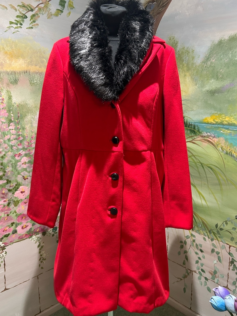 NEW Dennis Basso Red A-Line Dress Coat with Black Faux Fur Collar. Size L